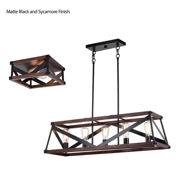 Wade 5L Black and Wood Rustic Cage Linear Chandelier Island Pendant Light Fixture - 36.75-in. W x 10.75-in. H x 12.75-in. D Shopping - The Best Deals on Chandeliers
