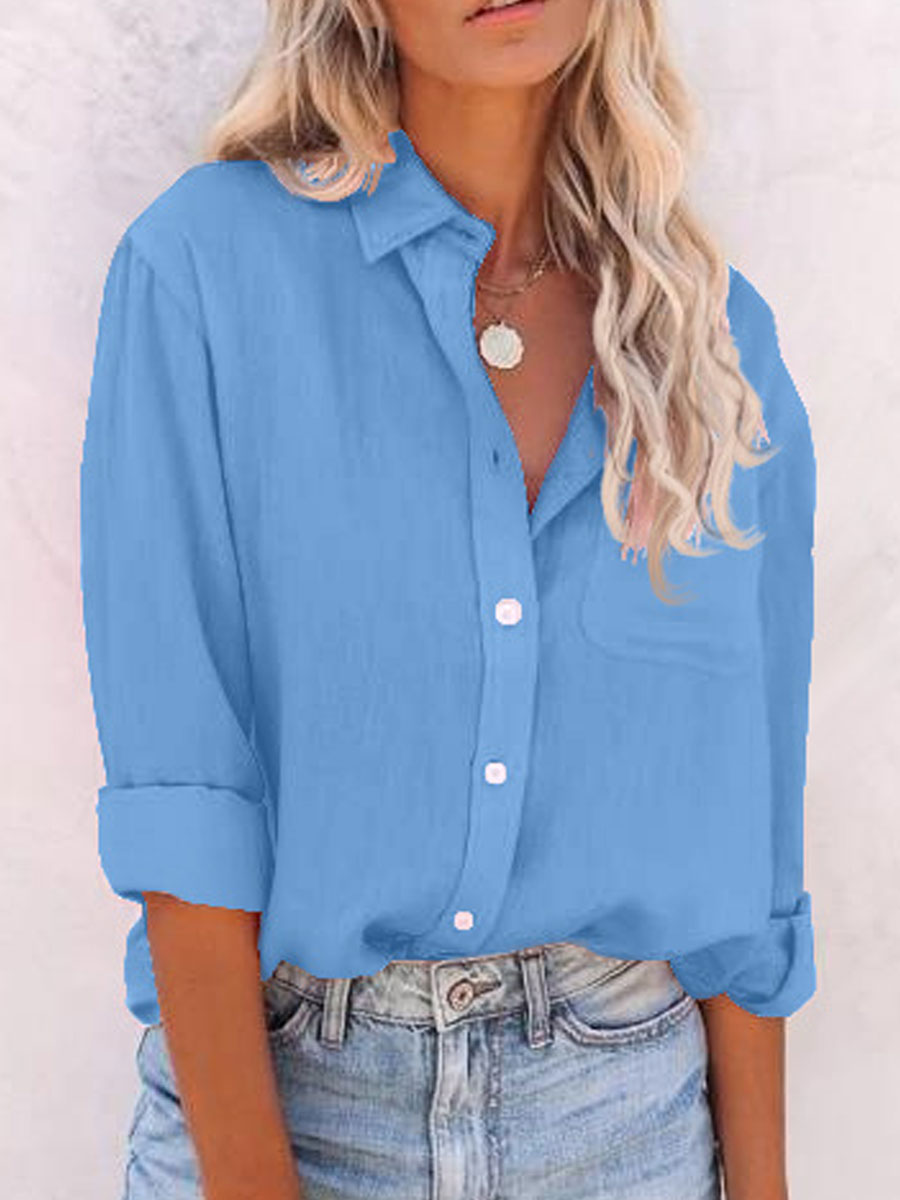 Round Neck Casual Loose Solid Color Long Sleeve Blouse