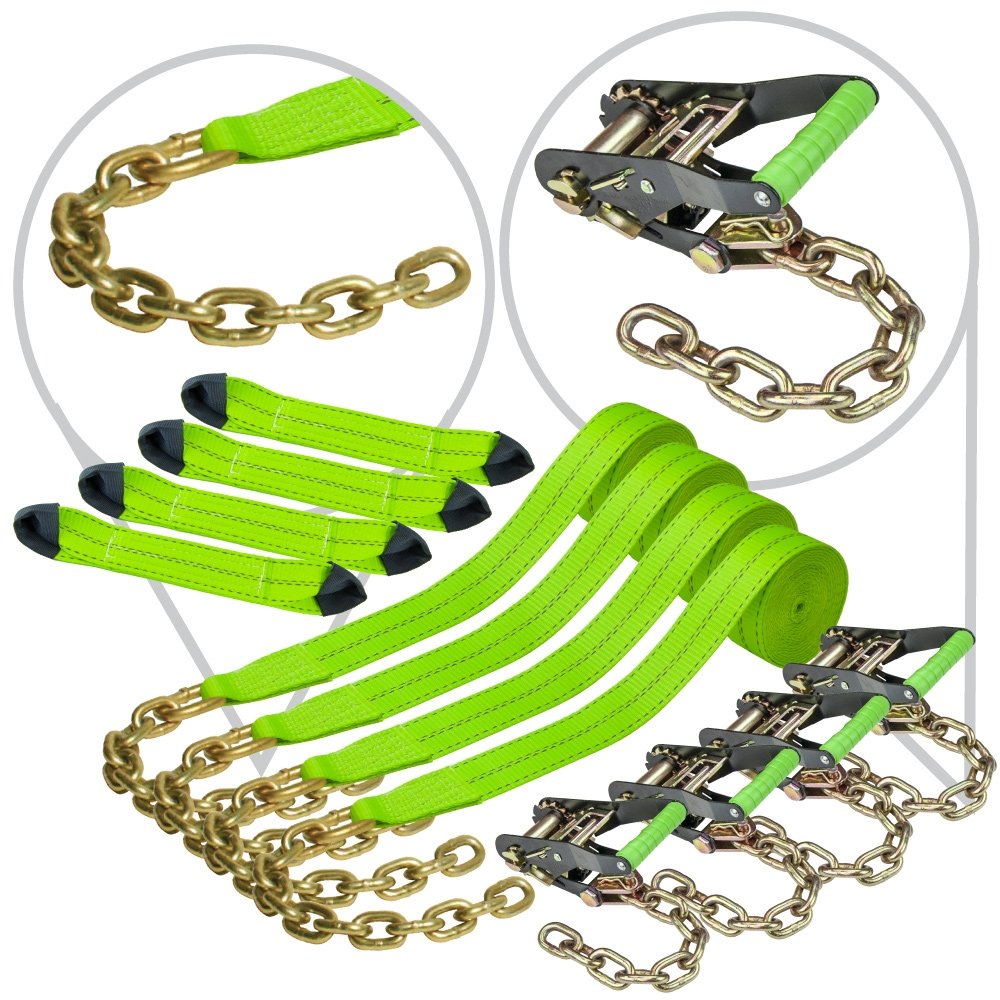 VULCAN 8-Point Vehicle Tie Down Kit with Chain Tails on Both Ends - Set of 4 - Reflective High-Viz