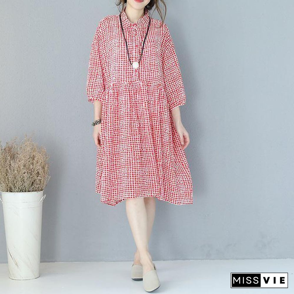 stylish red plaid cotton dresses plus size traveling clothing casual lapel collar bracelet sleeved cotton dress