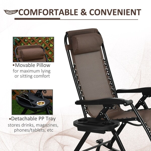 Outsunny Zero Gravity Reclining Lounge Chair Patio Folding Rocker w/ Side Tray Slot Backrest Pillow Cup Phone Holder Brown