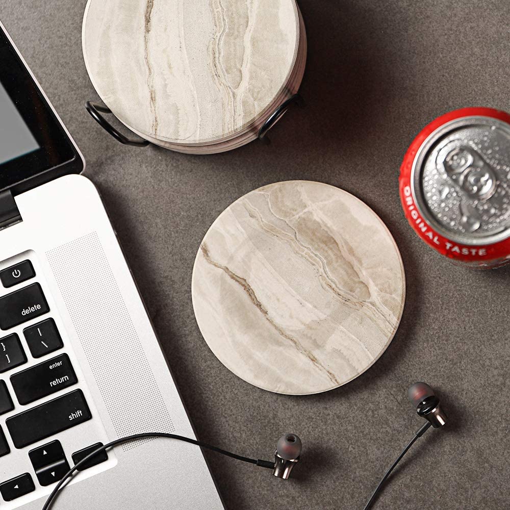 LIFVER Ceramic Coasters with Holder， Absorbent Coaster Sets of 6， Marble Style Wooden Table， 4 inches