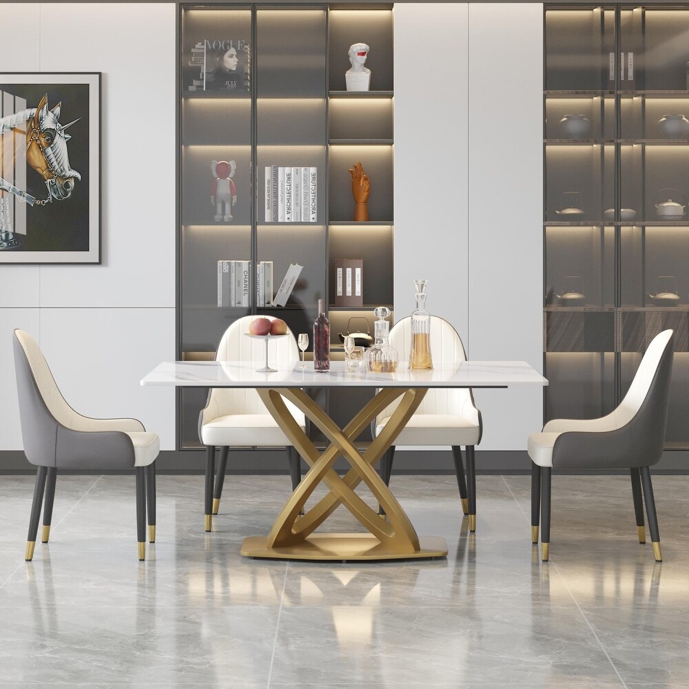 Modern Sintered Stone Dining Table Minimalist Artificial Marble Rectangular Table Top + Gold X cross Shaped Base