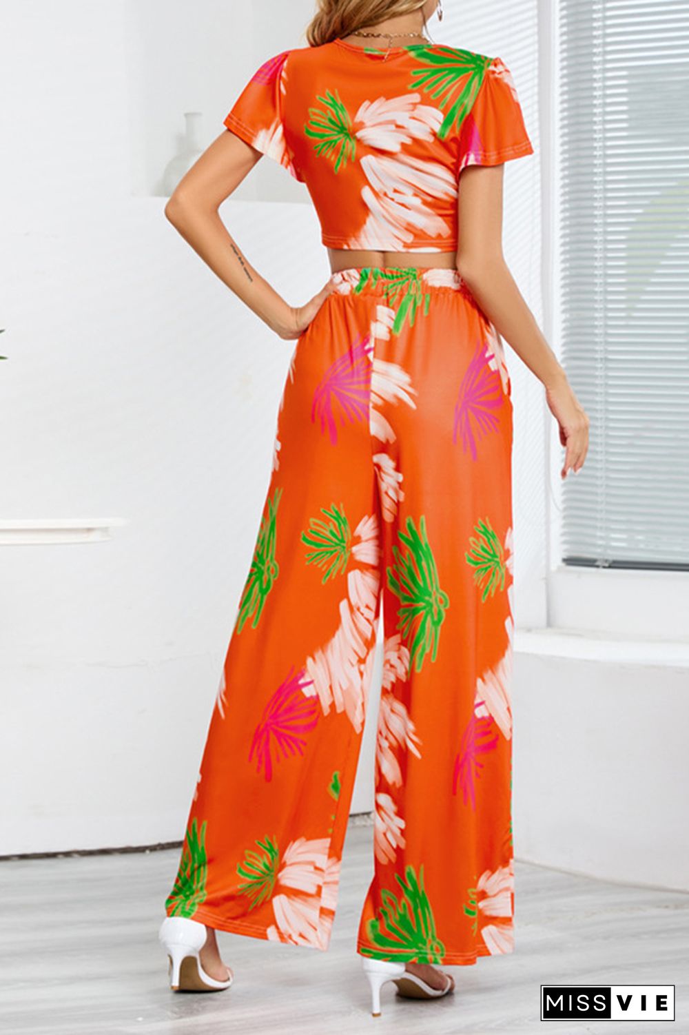 Leaf Print Crop Top and Wide Leg Pants Two Pieces Set