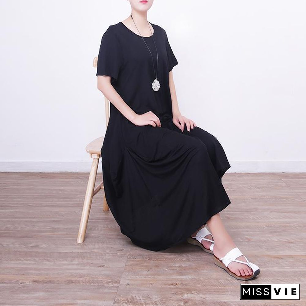 vintage black long linen dress plus size short sleeve linen clothing dresses New asymmetric hem maxi dresses