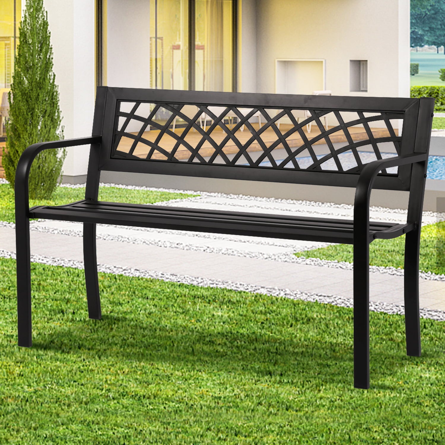 Park Benches Cast Iron Outdoor Bench Metal Garden Benches for Outdoors Patio, Black