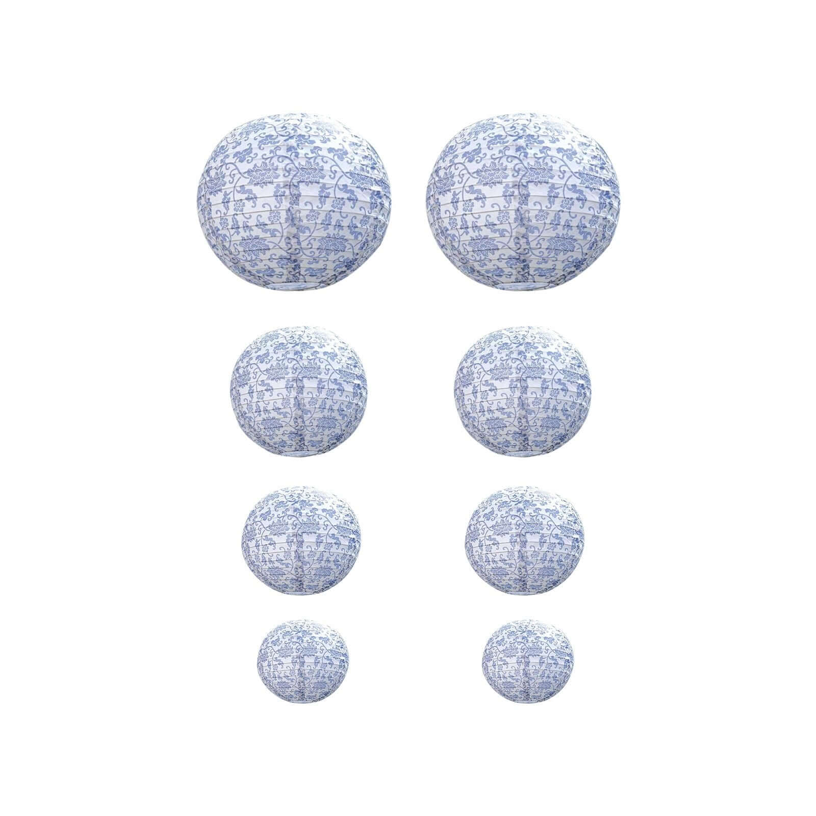 Set of 8 White Light Blue Hanging Paper Lanterns in French Toile Floral Pattern, Chinese Festival Lanterns - 6