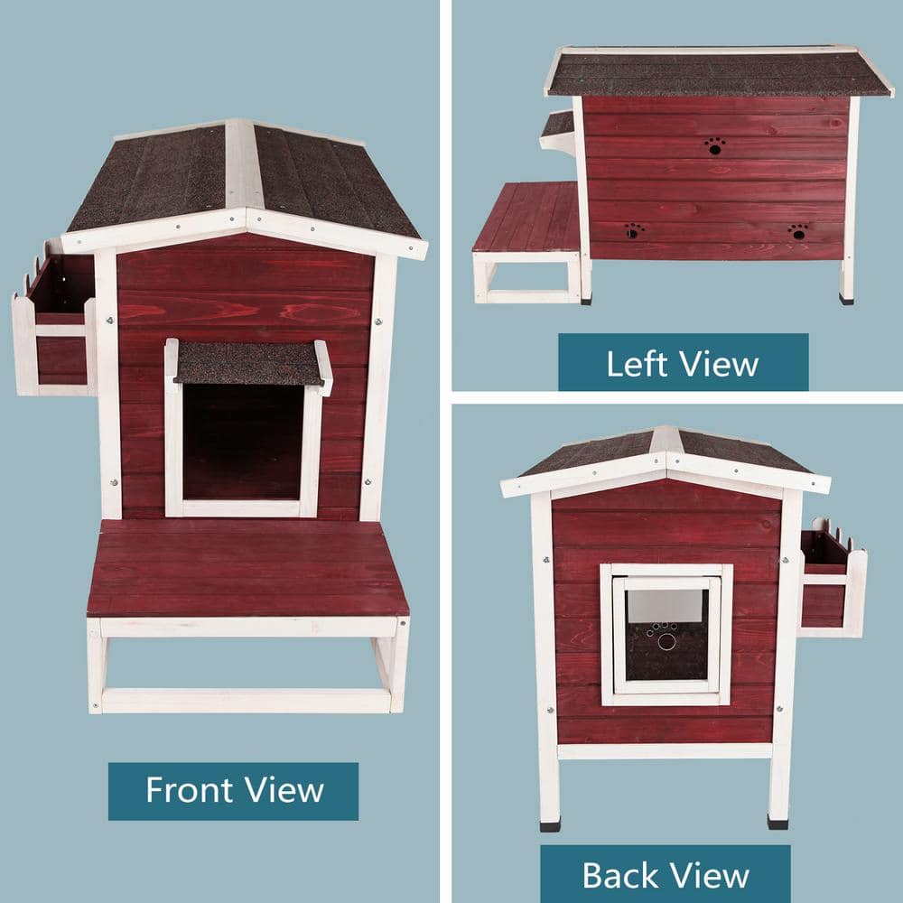 Red Solid Wood Cat House Larger Design for 3 Adult Outdoor Cats Weatherproof CATTHHHHOUS-2