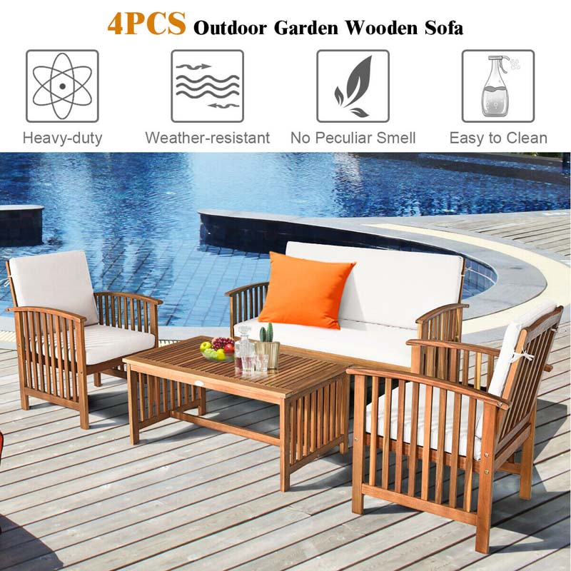 4 Pcs Outdoor Acacia Wood Sofa Set Patio Conversation Furniture Set with Cushions & Coffee Table