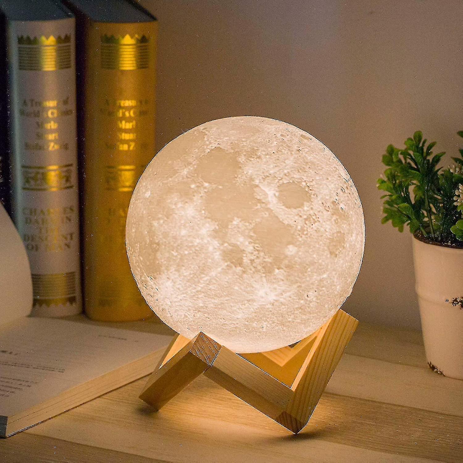 Moon Lamp 3d Printed Moon Light Night Light For Kids Gift For Women Usb Charging And Touch Control Brightness (5.9 Inches With Wood Base)