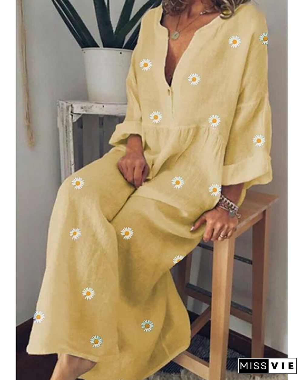 Women's A-Line Dress Maxi long Dress Long Sleeve Floral Floral Spring Summer Cotton Yellow Green Light Blue M L XL XXL 3XL 4XL 5XL