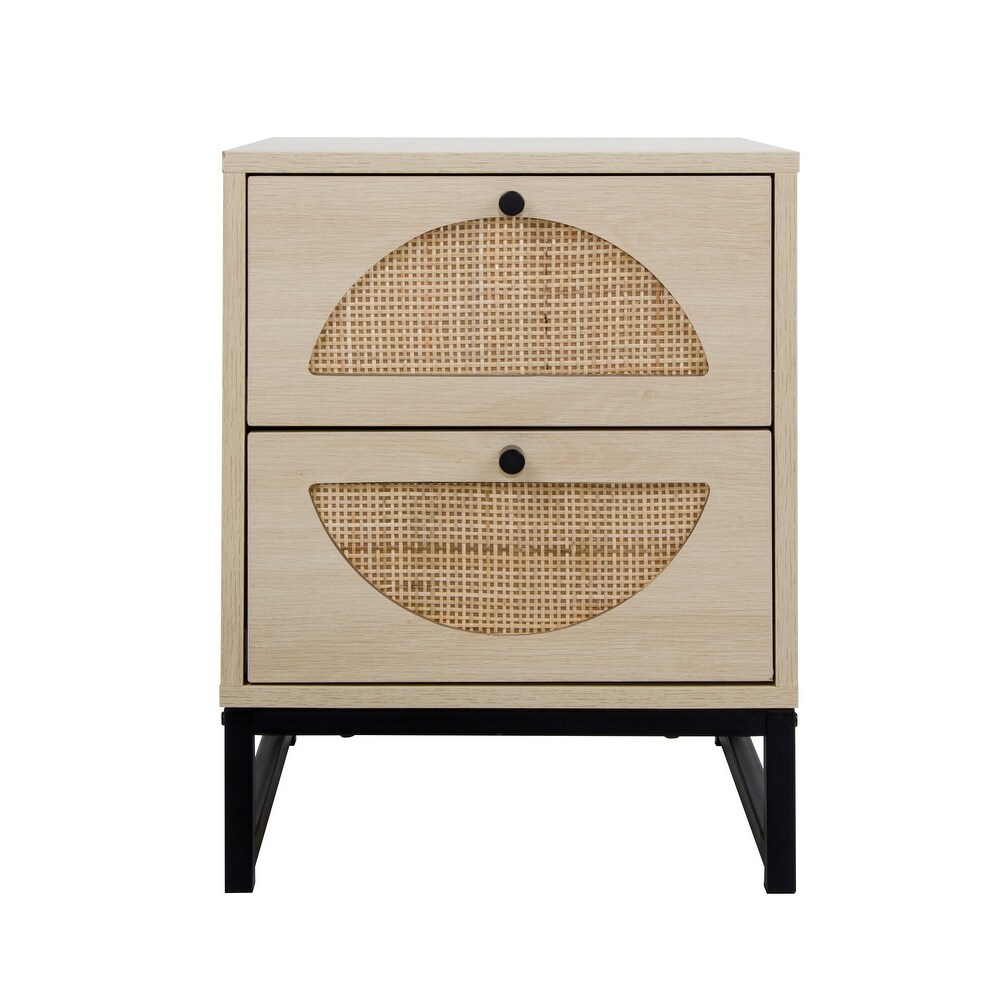 Natural Rattan Bark 2 drawer Nightstand  Semicircular Pattern Embedded  Upper and Lower Drawers  Protruding Round Handles