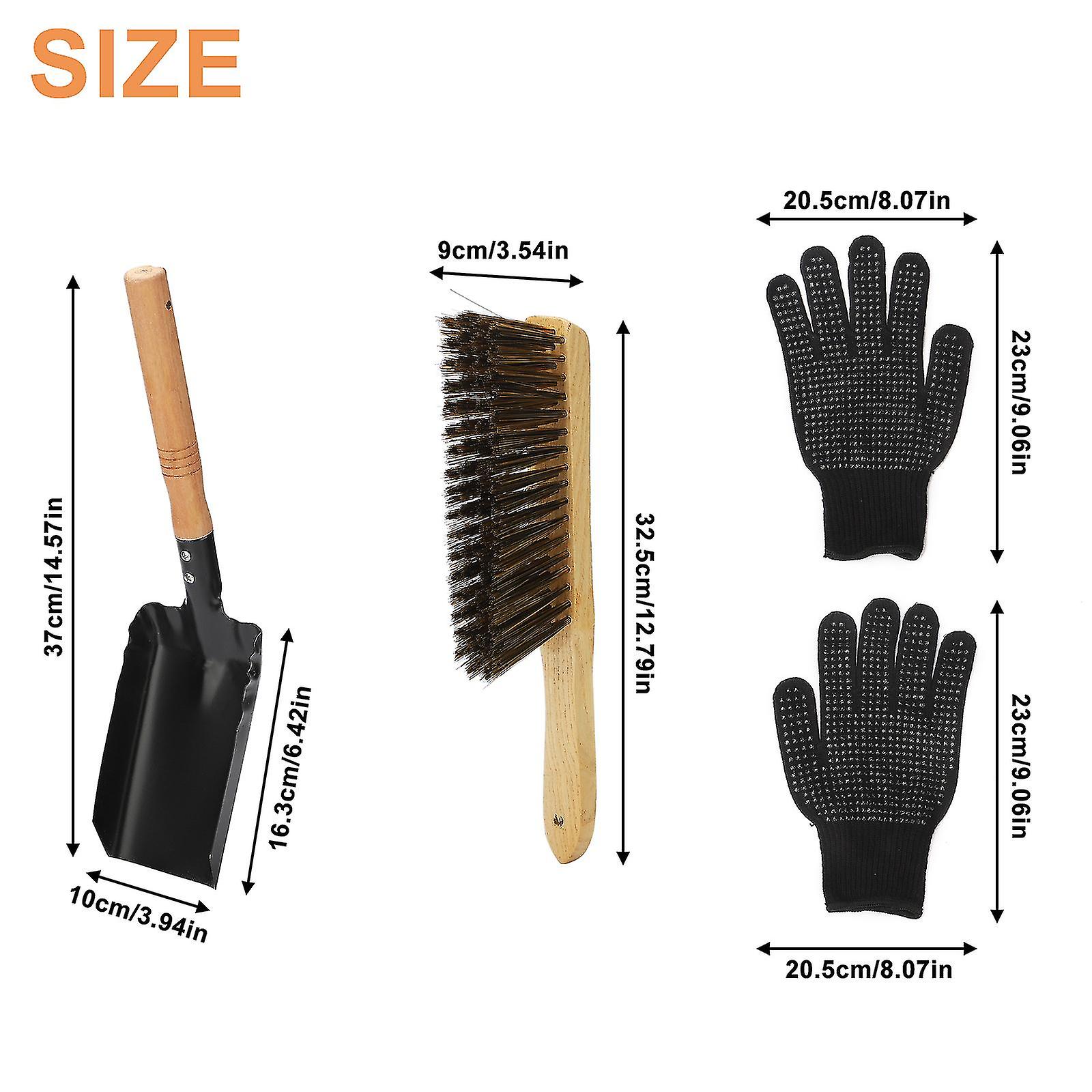 Fireplace Cleaning Tools Kit Silicone Gloves Hearth Brush Set Light Wooden Handle Strong Sturdy Coal Shovel