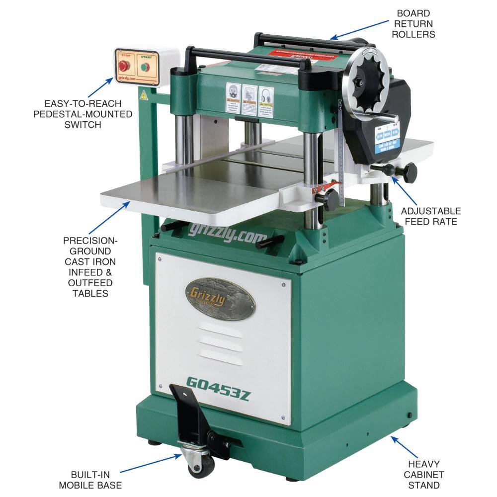 Grizzly Industrial 15 Amp 15 in. 3 HP Corded Planer with Spiral Cutterhead G0453Z