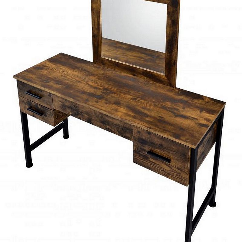 Vanity Desk with 4 Drawers and Square Mirror， Brown and Black