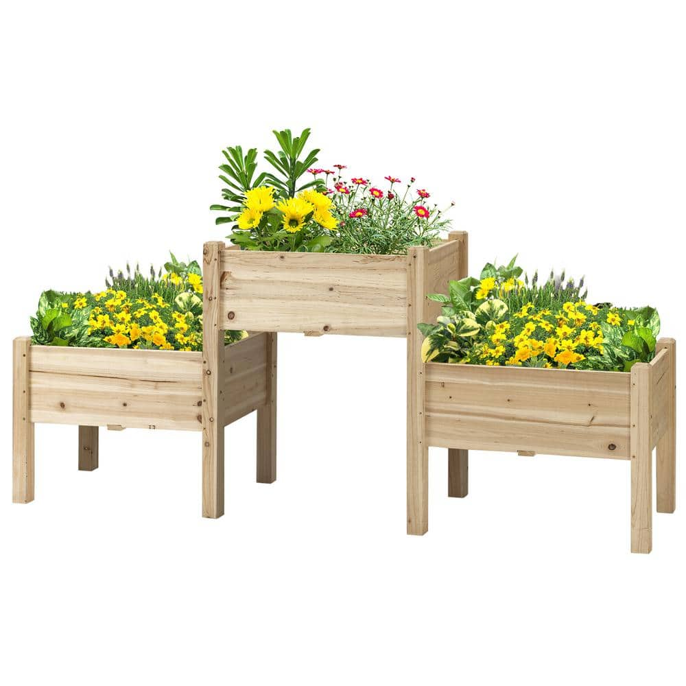 Outsunny Natural Fir Raised Garden Bed with Freestanding Wooden Plant Stand (3-Tier) 845-545ND