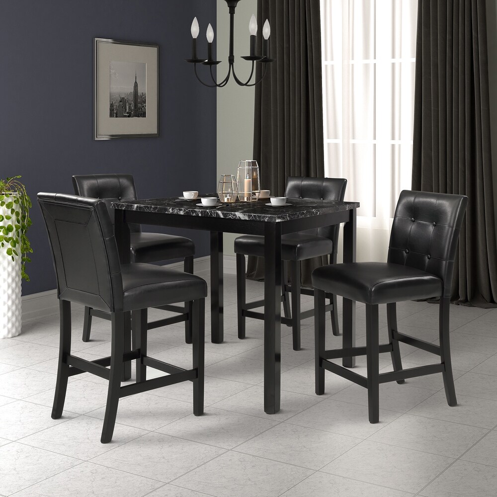 Modern 5 Piece Solid Wood Dining Set with Marbleized Wooden Table and 4 Tufted Leather Upholstery Chairs