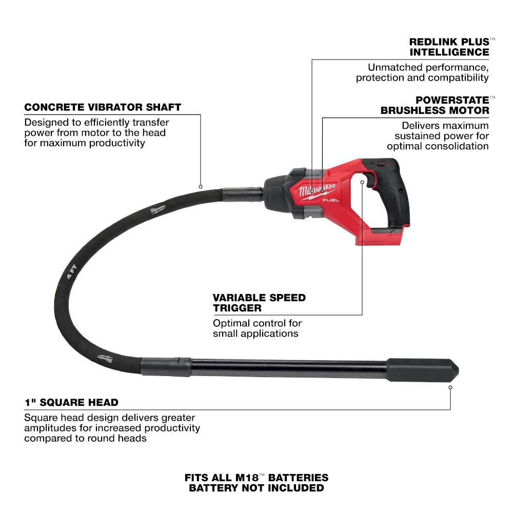 Milwaukee M18 FUEL 4' Concrete Pencil Vibrator Bare Tool 2910-20 from Milwaukee