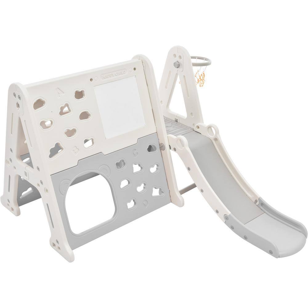 7-In-1 Gray HDPE Playset with Tunnel Climber Whiteboard Toy Building Block Baseplates Basketball Hoop LN20232361