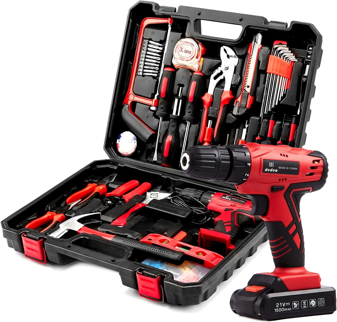 DD dedeo Tool Set with Drill， Cordless Hammer Drill Tool Kit 110Pcs Household Power Tools Drill Set with 21V Li-Ion Battery and Charger for Home Tool Kit