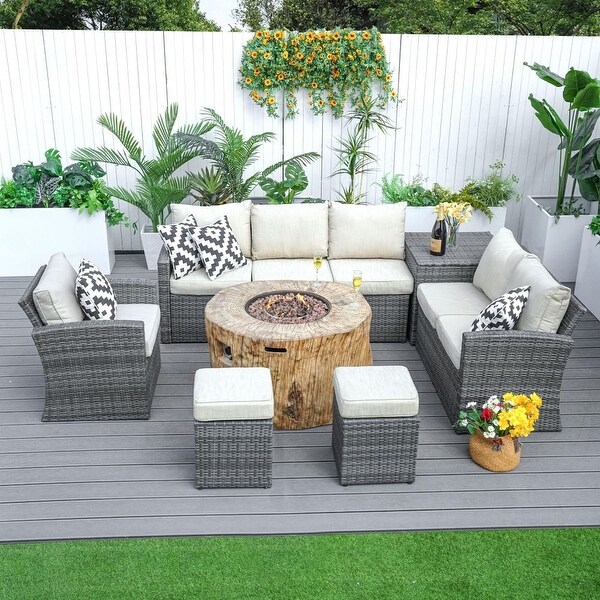 7piece Patio Wicker Garden Chat Sofa Set with Fire Pit and Storage Box