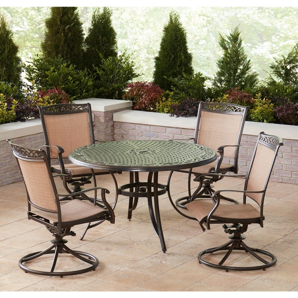 Hanover Fontana 5 Piece Outdoor Dining Set with 4 Sling Swivel Rockers and a 48 In. Cast Top Table