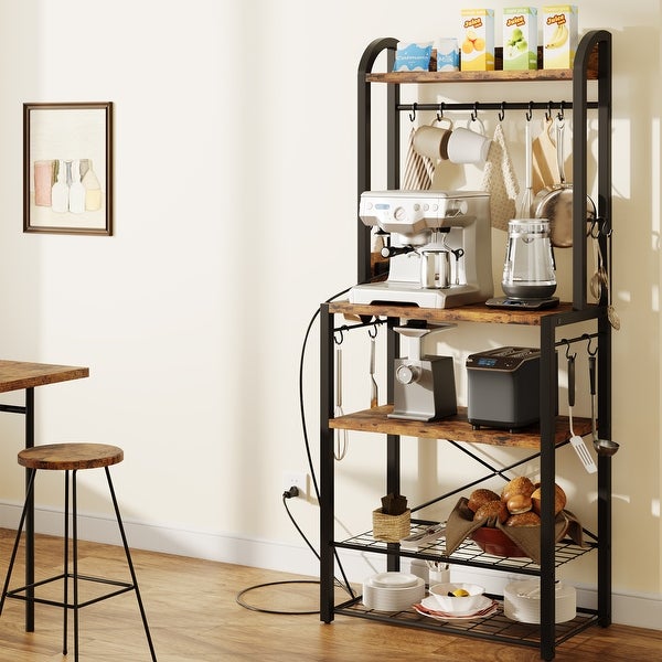 Bakers Rack with Power Outlet， Microwave Stand， Coffee Bar Table Station with Metal Wire Panel