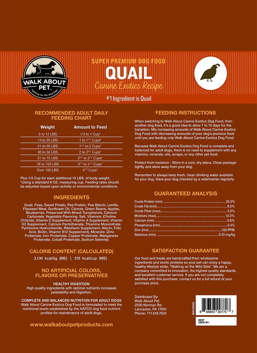 Walk About Quail Canine Exotics Recipe Super Premium Dry Dog Food， 10-lb bag