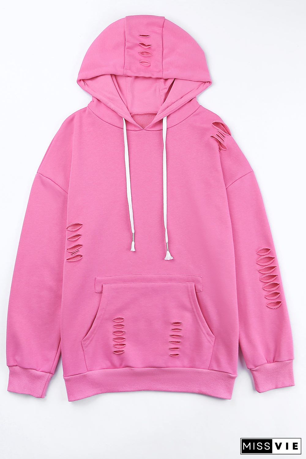 Solid Ripped Hooded Sweatshirt With Kangaroo Pocket