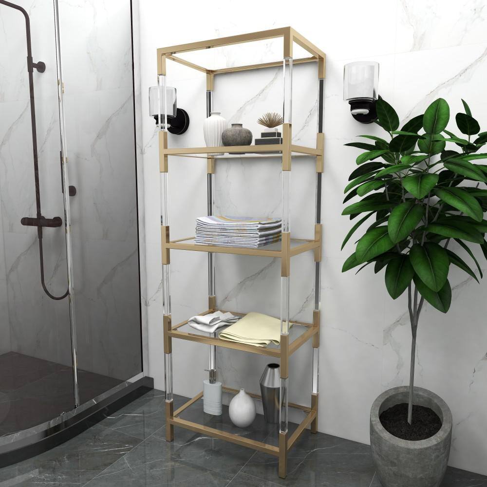 Litton Lane 5 Shelves Acrylic Stationary Gold Shelving Unit with Clear Glass Top and Acrylic Legs 56936