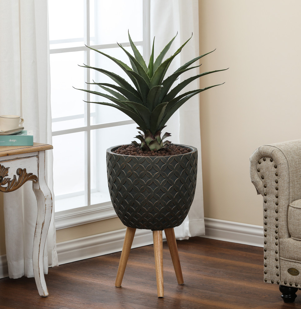 Butterfly Embossed Brown 14.7 in. Round MgO Planter with Wood Legs   Midcentury   Outdoor Pots And Planters   by Winsome House Inc.  Houzz