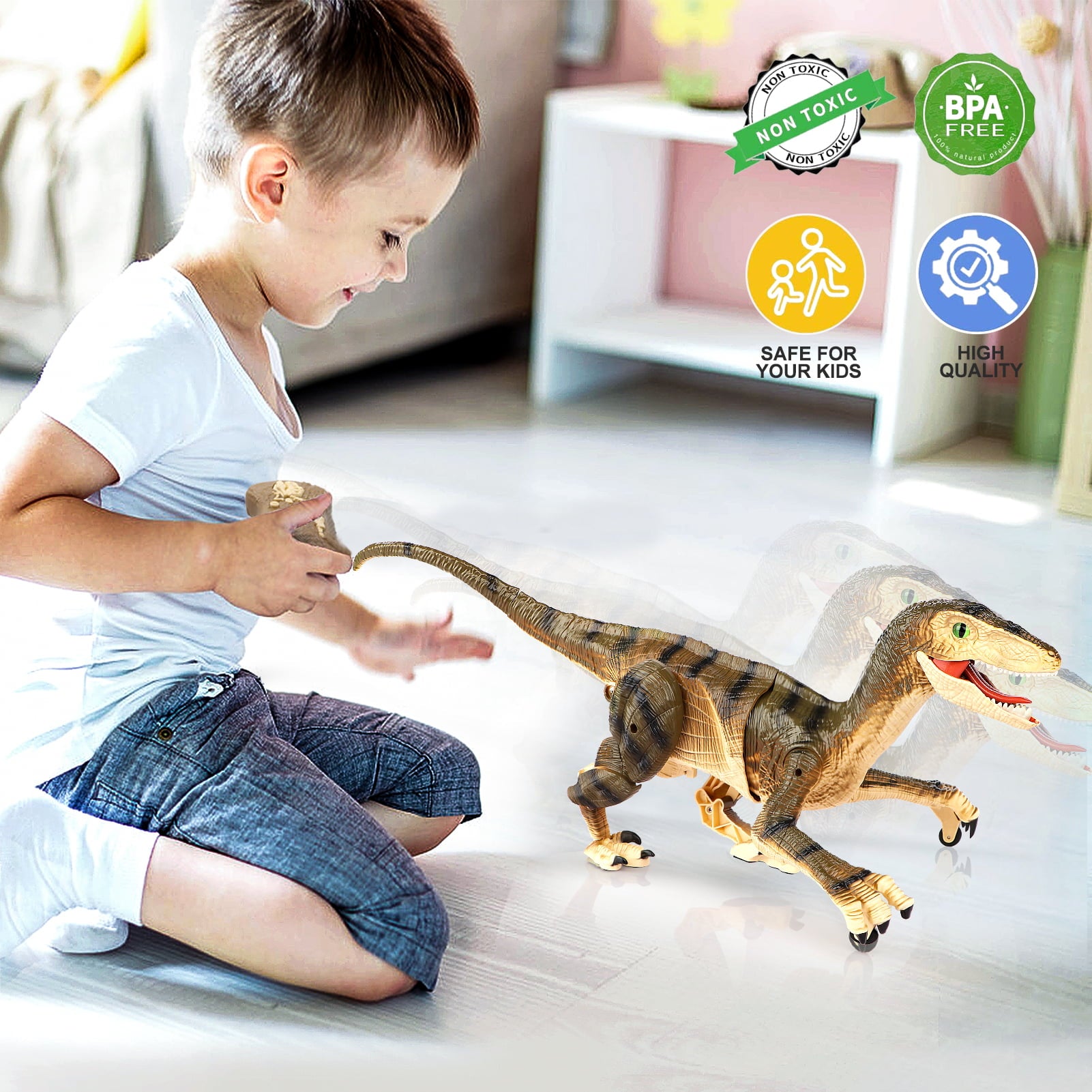 Hot Bee Remote Control Dinosaur Toys， Jurassic Roaring Sound Walking Velociraptor RC Toys for Kids 4+ Boys