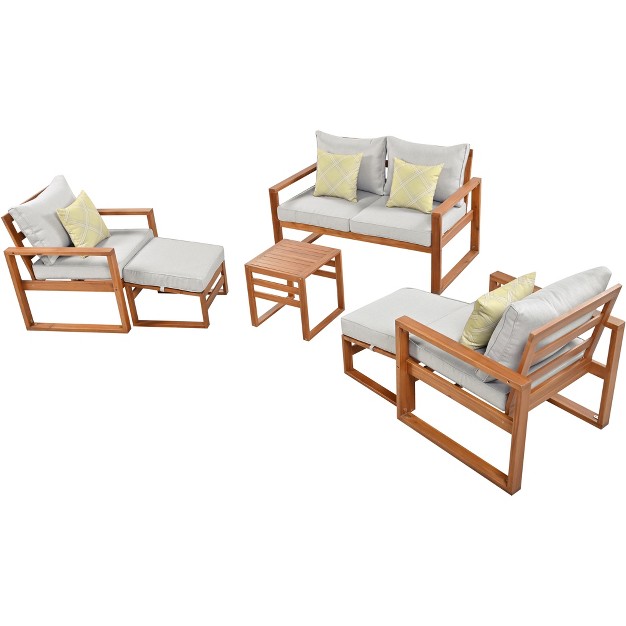 Outdoor Patio Wooden 6 piece Talking Set With Footrest And Cushion For Backyard Poolside Balcony Modernluxe