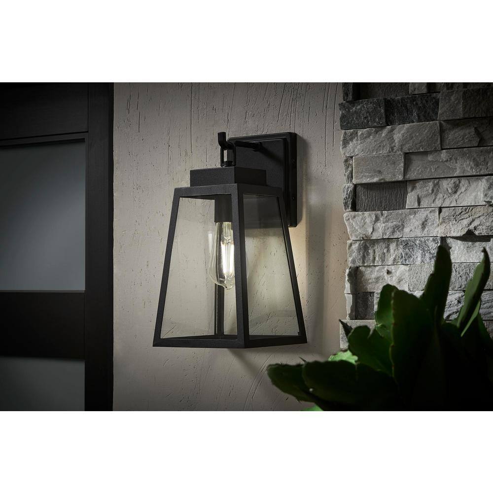 Hampton Bay Corbin Medium 13 in. Modern 1-Light Black Hardwired Outdoor Tapered Wall Lantern Sconce with Clear Glass W2205-21