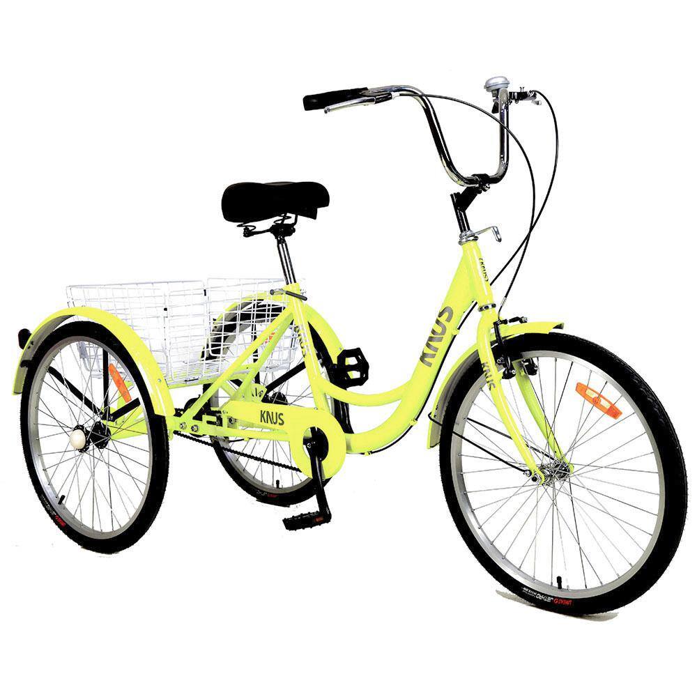 Runesay 26 in. Wheels Cruiser Bicycles Adult Tricycle Trikes 3-Wheel Bikes with Large Shopping Basket Single Speed in Yellow BIKECYN708