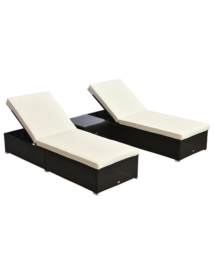 Outsunny Wicker Patio Lounge Chair Set Outdoor Chaise Lounge Sets w  5-Level Angles Adjust Backrest Thick Cushions and Matching Table for Pool Side Balcony Beach Yard Cream White