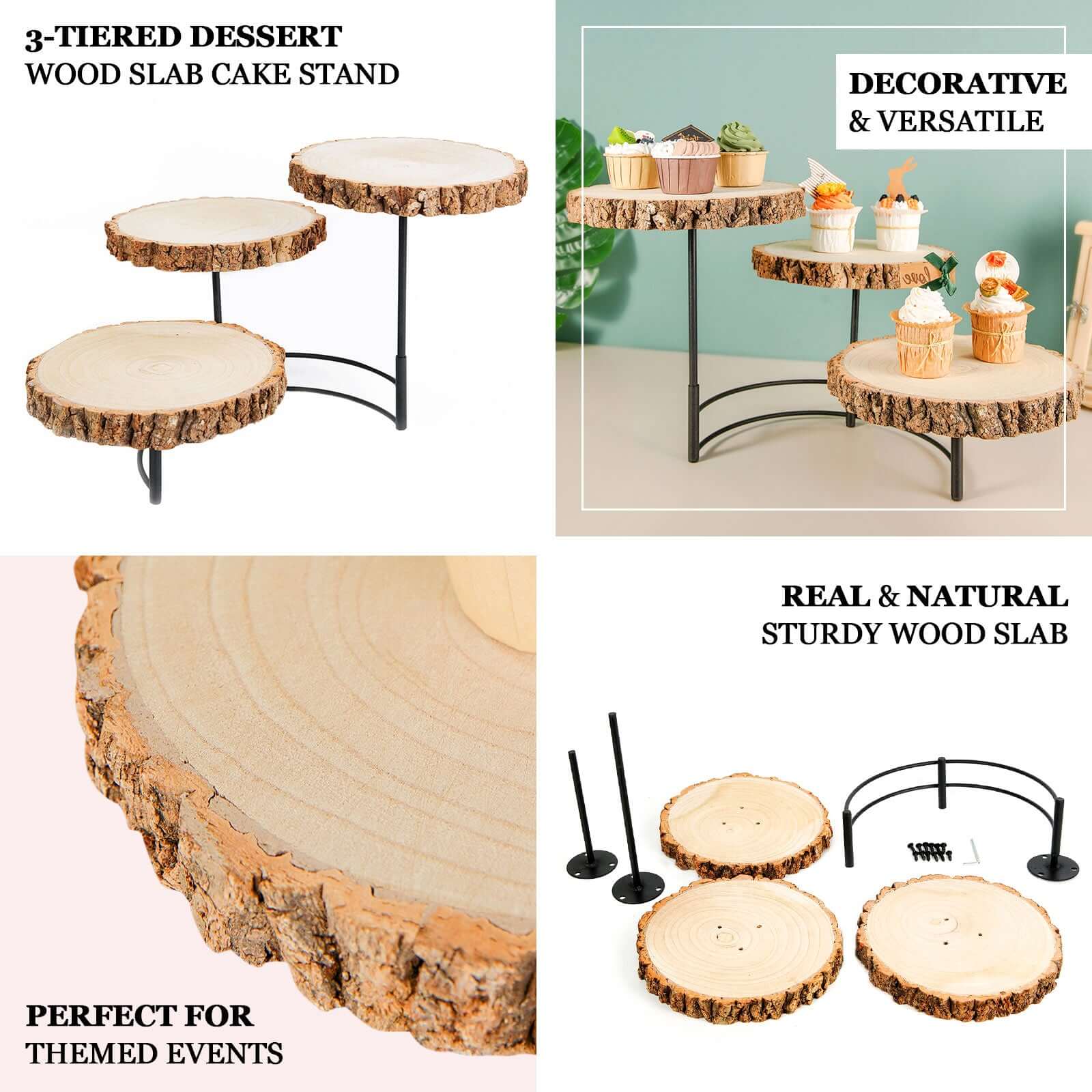 3-Tier Wood Slice Cheese Board, Cupcake Stand, Half Moon Rustic Centerpiece 12