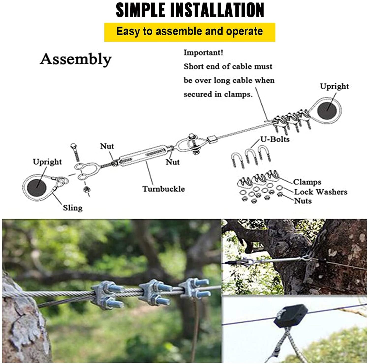 VEVORbrand 100ft Zip Line Kit Kids Adult Zip Line Trolley Slackers Zip Lines with Seat and Handle Heart Shaped Trolley for Backyard Entertainment