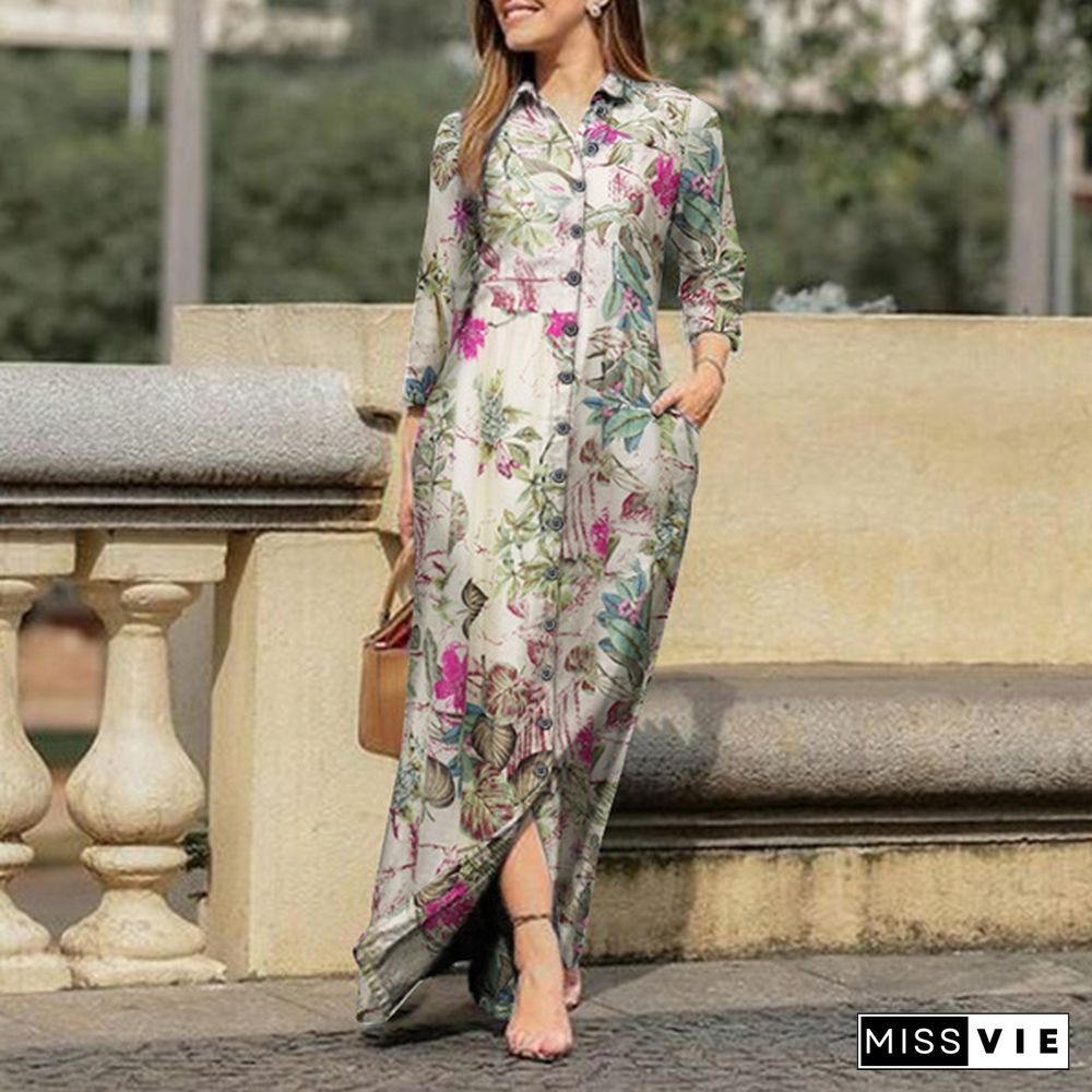 Women Holiday Casual Lapel Collar Long Sleeve Robes Longue Floral Print Cotton Dresses Button Up Shirts Long Maxi Vestido Plus Size