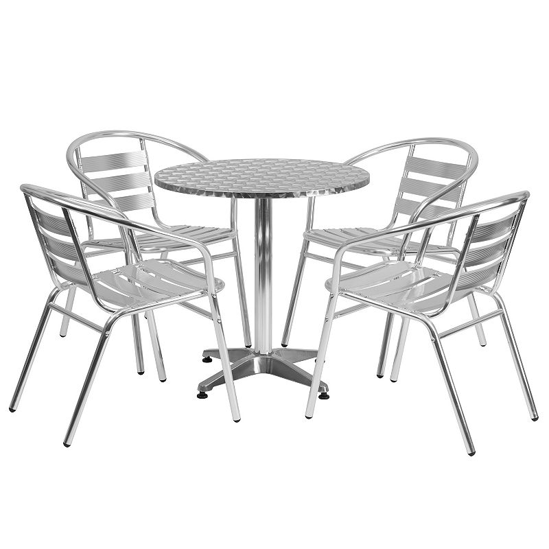 Emma and Oliver 27.5 Round Aluminum Table Set with 4 Slat Back Chairs