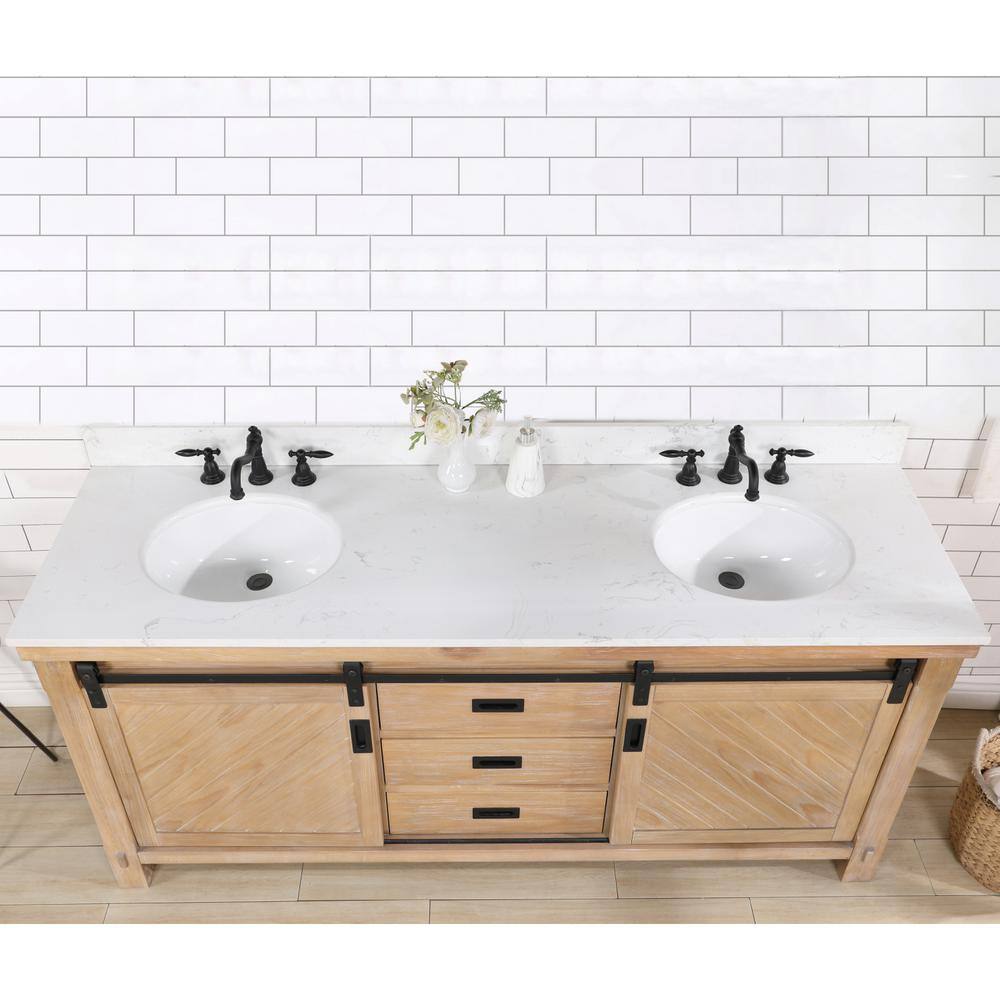 ROSWELL Cortes 72 in. W x 22 in. D x 33.9 in. H Double Sink Bath Vanity in Weathered Pine with White Composite Counter Top 801772-WP-WSN