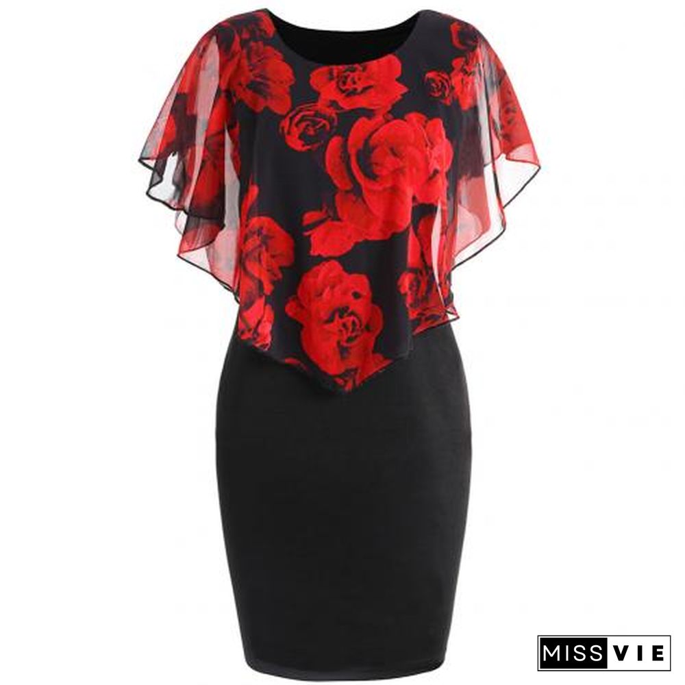 Plus Size Womens Dress Elegant Office Lady Rose Flower Print Cape Bodycon Knee Length Dress