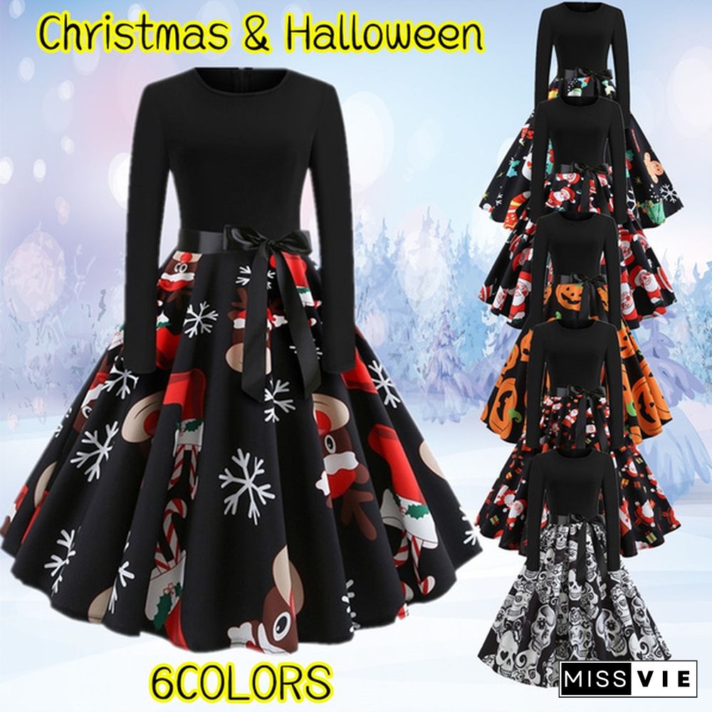 Fashion Women's Christmas Swing Party Dress Printing Long Sleeve Festival Prom Belt Dresses Evening Round Collar Halloween Female Dress.