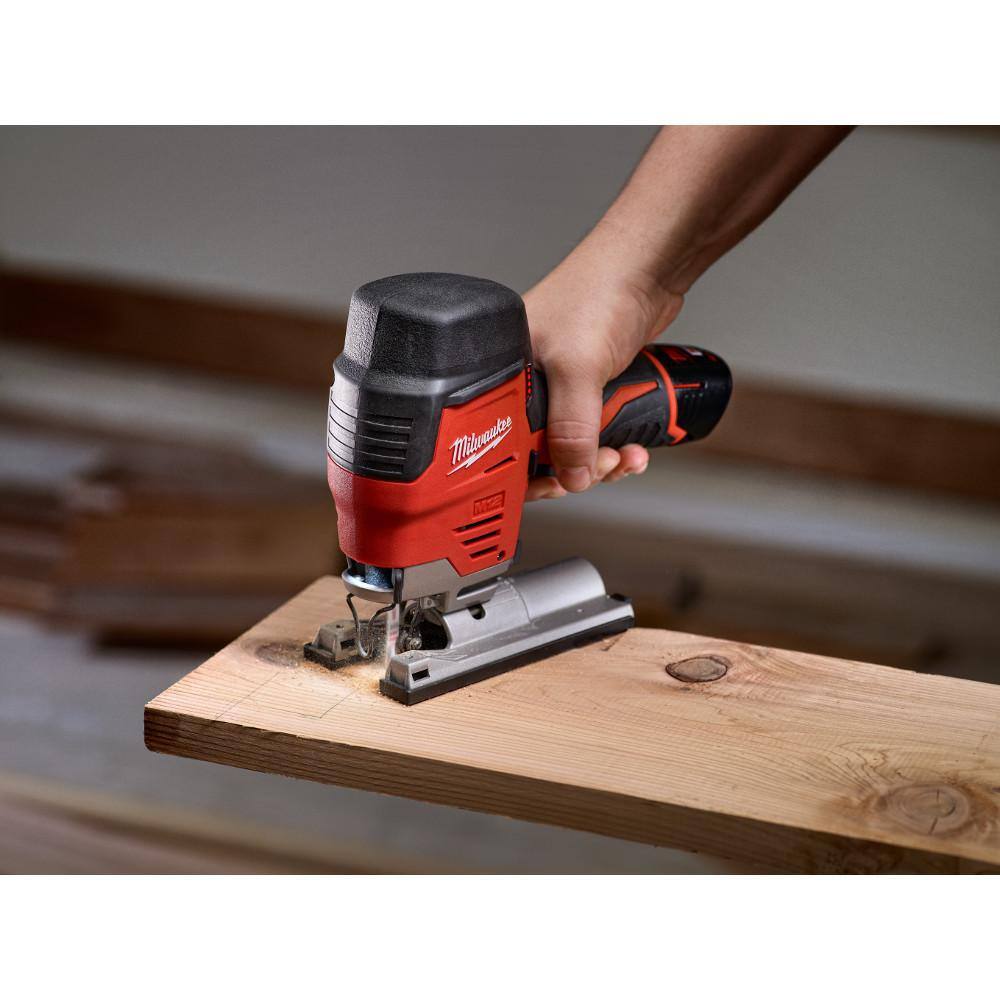 MW M12 12V Lithium-Ion Cordless Jig Saw and Crown Stapler with two 3.0 Ah Batteries 2445-20-2447-20-48-11-2412