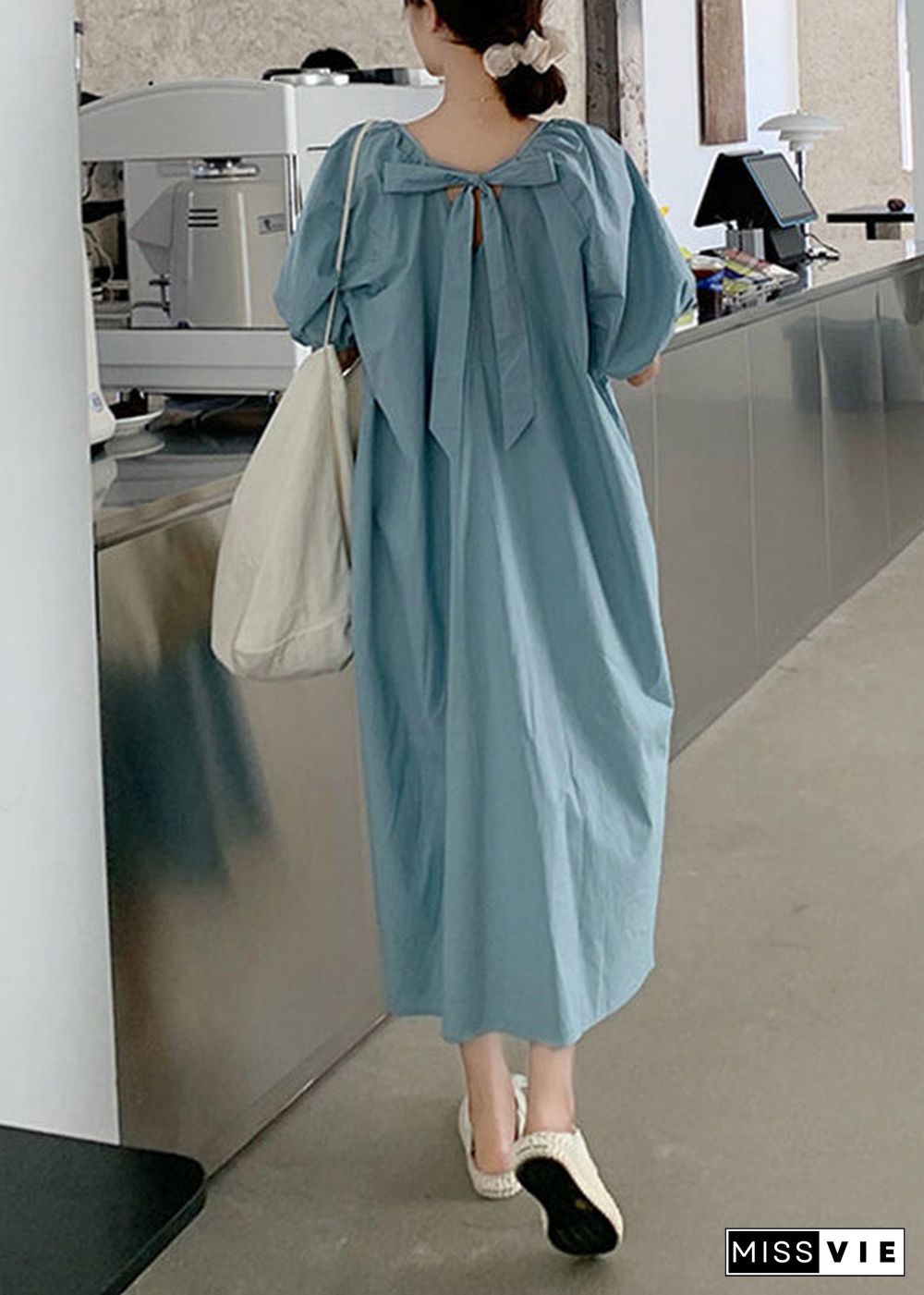 Modern Blue Patchwork Wrinkled Slim Cotton Maxi Dresses Summer