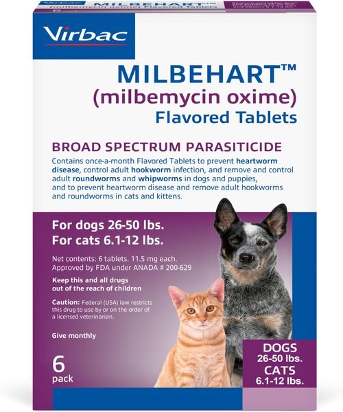 Milbehart Flavored Tablets for Dogs， 26-50 lbs， and Cats， 6.1-12 lbs， (Purple Box)