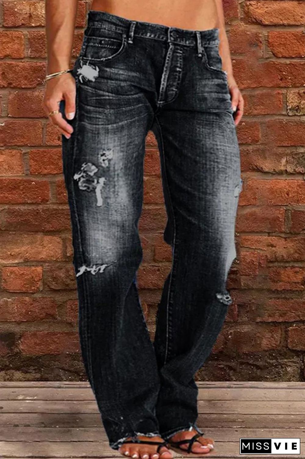 Grey Casual Solid Ripped Patchwork Mid Waist Regular Denim Jeans