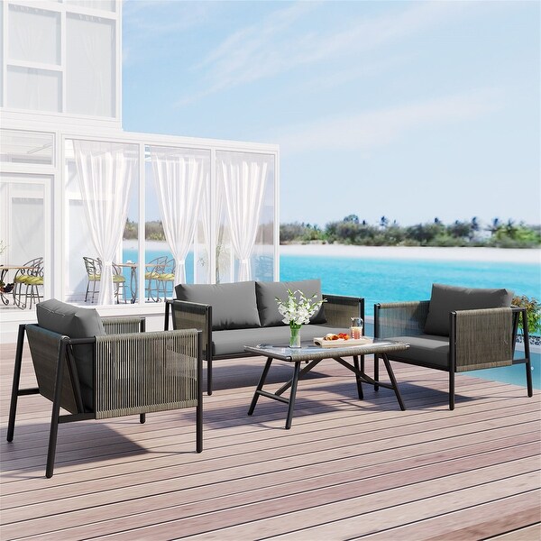 4Piece Outdoor Metal Frame Rope Conversation Sofa Set with Glass Table