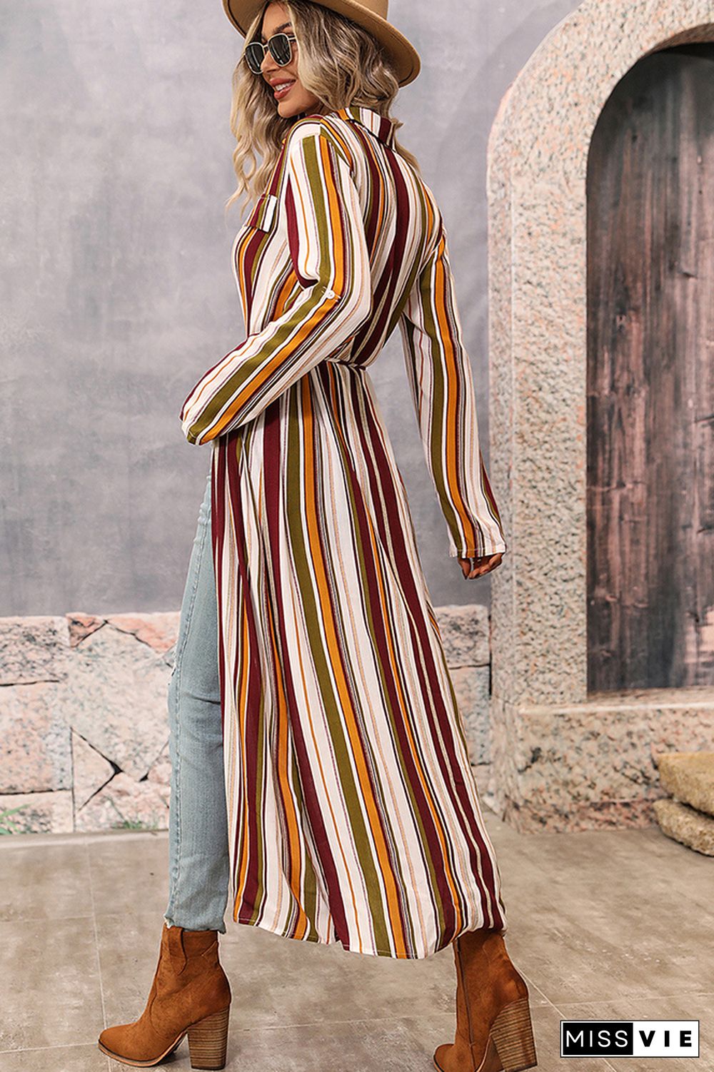 Stripes Print Button Up Long Shirt Dress