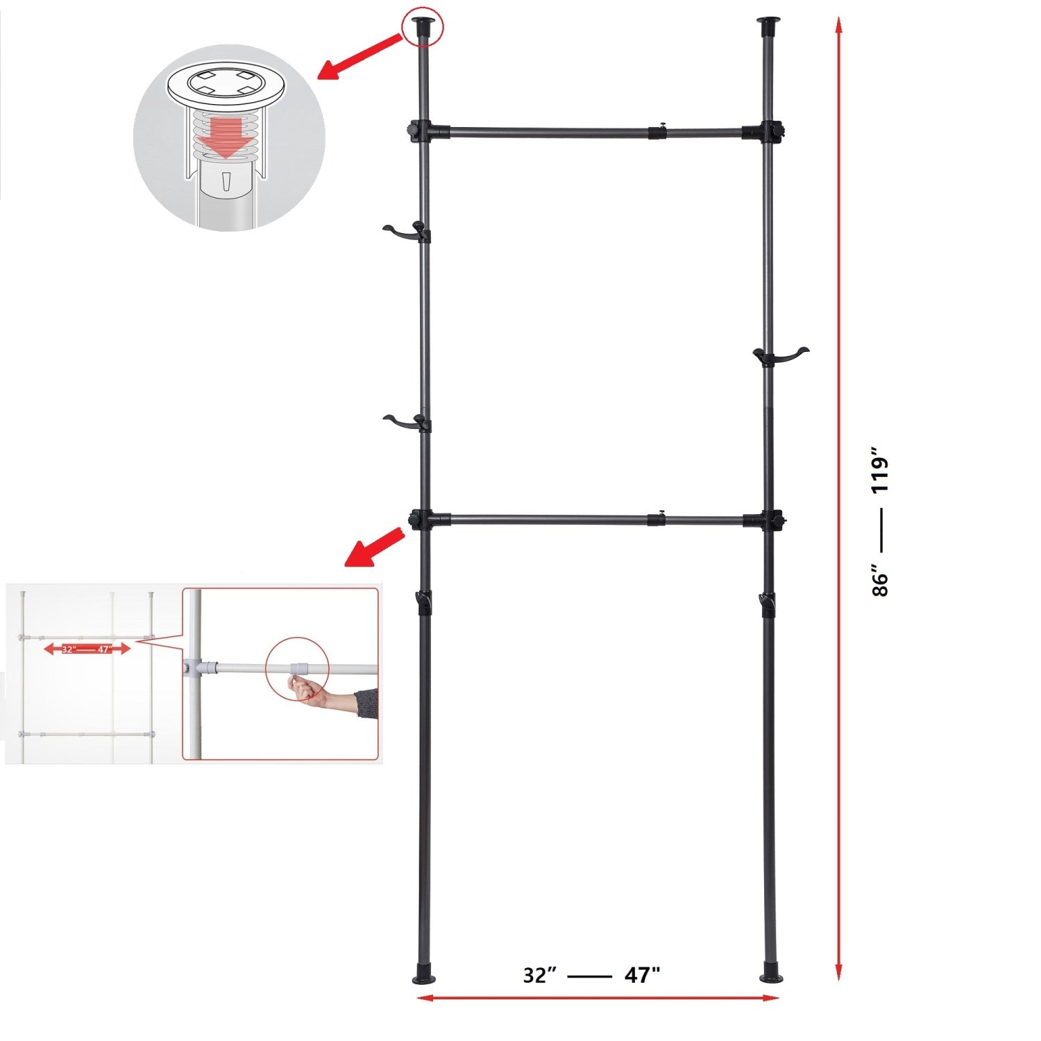 SUGIFT Adjustable Clothes Rack, Garment Rack System For Closet Organizer, Black Wardrobe Rack, Dimensions 86.6"-122" x 31.5"-47.25"